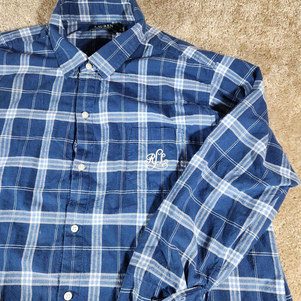 LAUREN Ralph Lauren Blue Plaid 3/4 Sleeve Button Down Size XL Embroidered